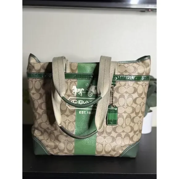 COACH Heritage Green Stripe Tote Purse Bag - Picture 2 of 6